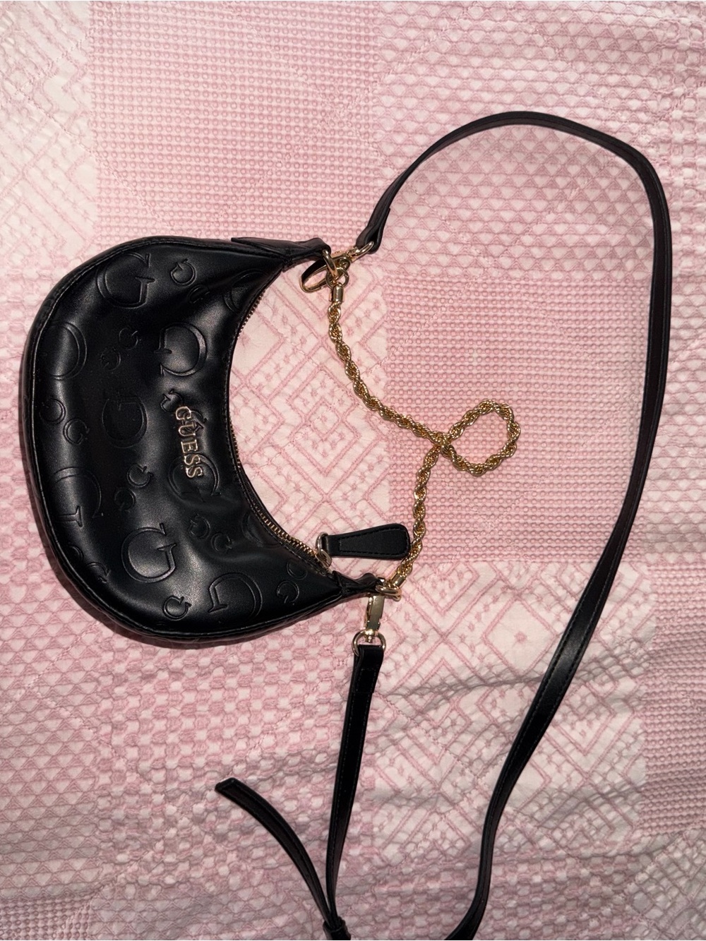 Guess Black Embossed Crescent Crossbody with Gold Chain
